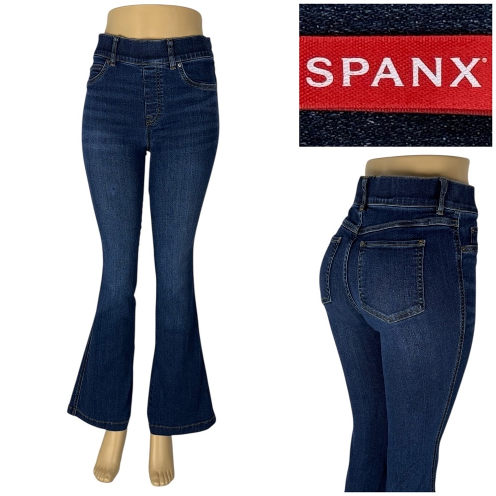 SPANX Womens Small Petite Flare Jeans Blue Pull On Stretch 20327Q Denim Cotton - Picture 1 of 11
